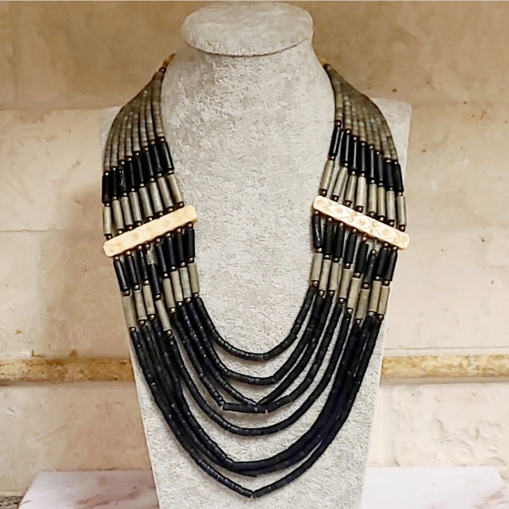 Vintage 1970s Wood Bead & Carved Bone Necklace